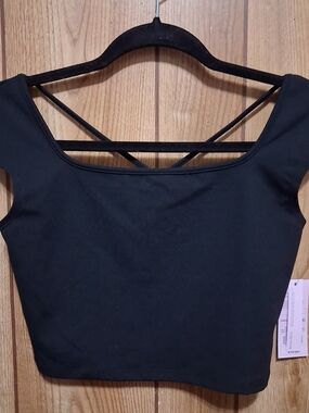 New Black Cap Sleeve Crop Top Criss-cross Back Small Festival Layering